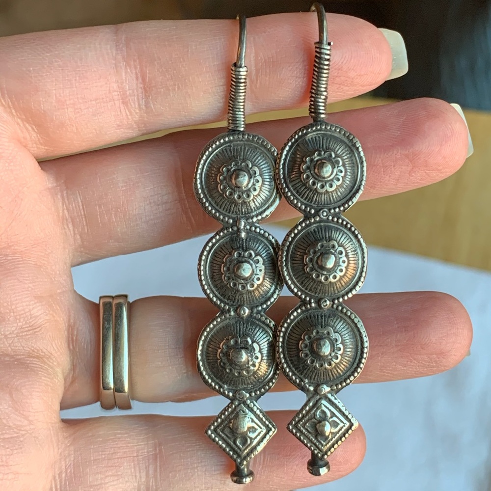 Old Silver Flower Tribal Dance Earrings 18g